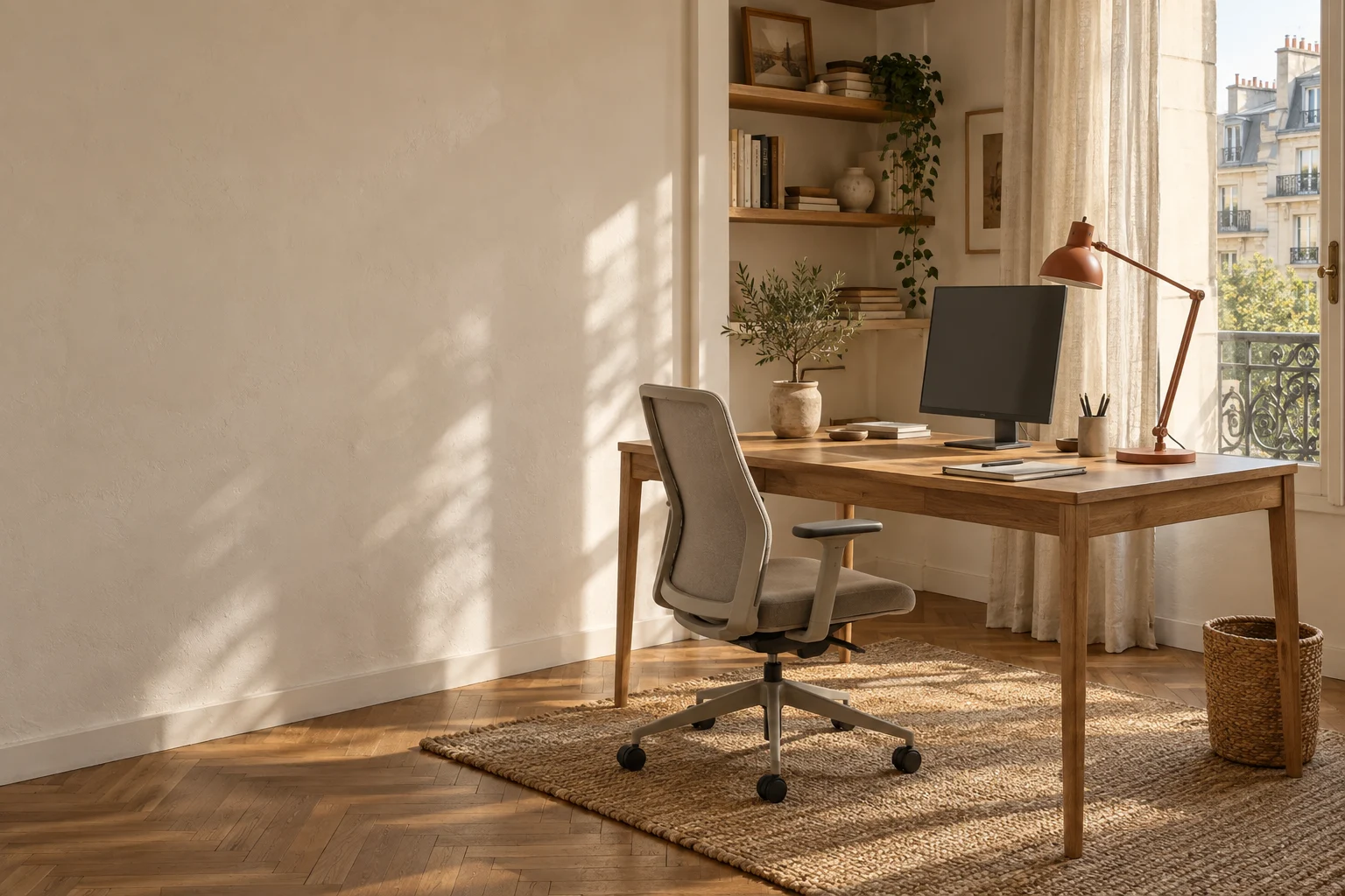Bureau en chêne près d’une fenêtre, avec une lampe terre cuite et un siège de travail