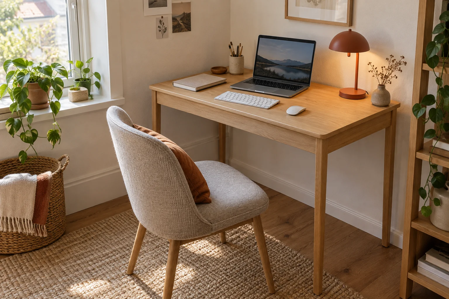Petit bureau équipé d’un ordinateur portable et d’un clavier, avec un espace libre sous le plateau