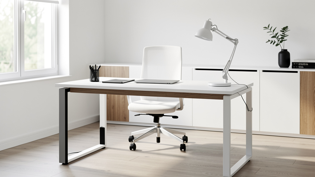 Bureau Joiscope blanc de style industriel avec étagère amovible