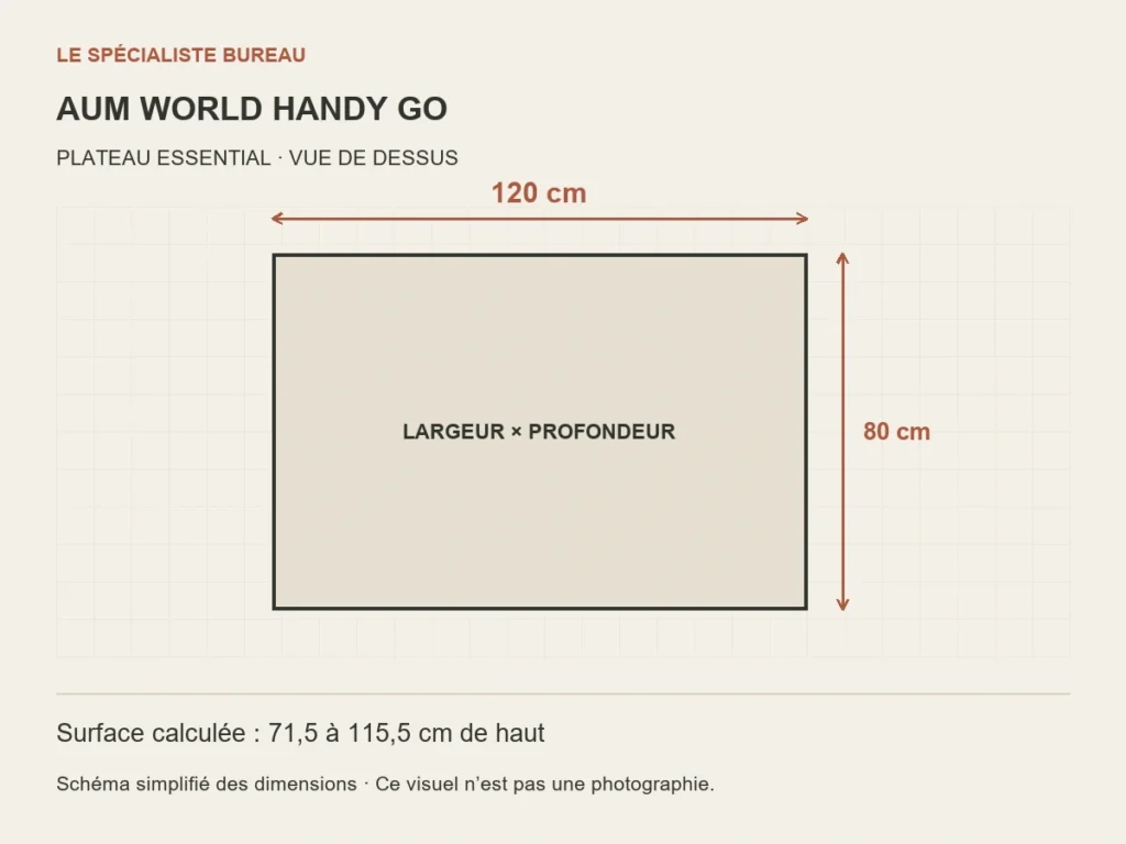 Schéma AUM WORLD HANDY GO : plateau essential de 120 cm par 80 cm.