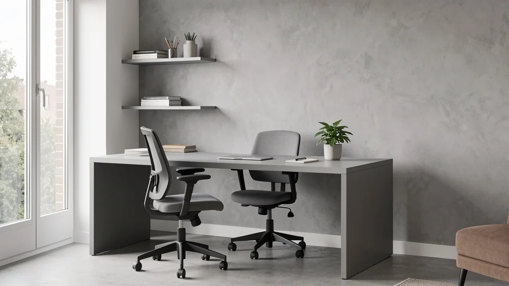 Bureau gris avec plusieurs assises et accessoires de travail