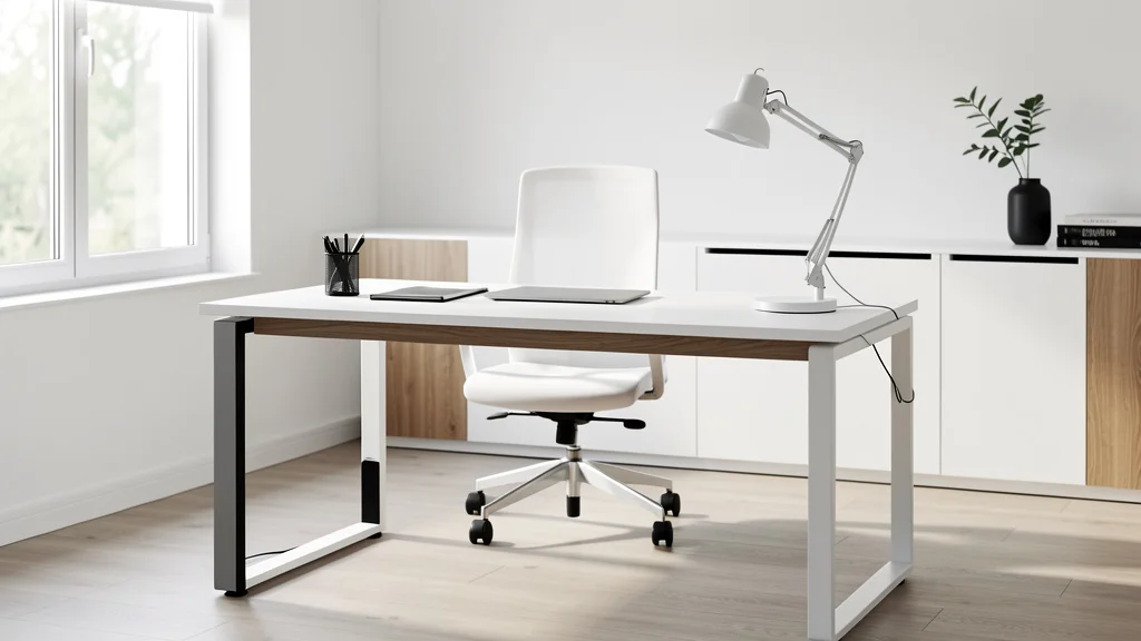 Plateau de bureau blanc installé sur un piètement sombre