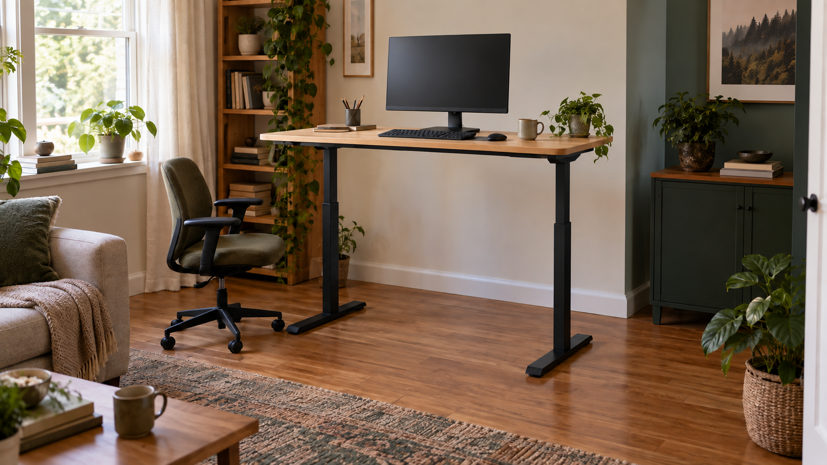 Illustration d’un bureau réglable en hauteur avec plateau clair dans un coin salon.