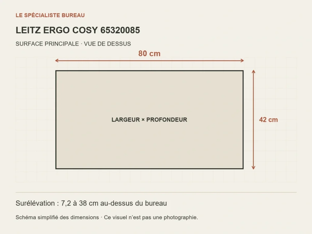 Schéma LEITZ ERGO COSY 65320085 : surface principale de 80 cm par 42 cm.
