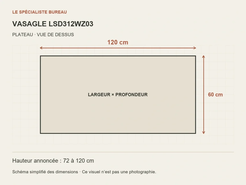 Schéma VASAGLE LSD312WZ03 : plateau de 120 cm par 60 cm.